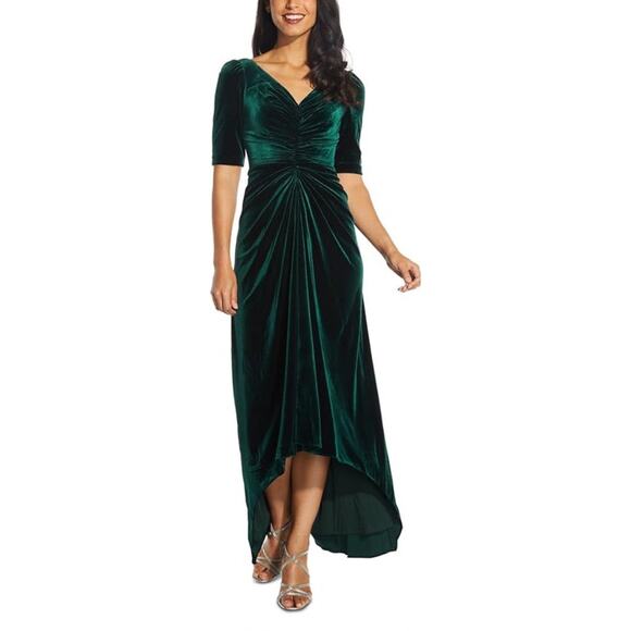 Adrianna Papell Velvet Maxi Dress Womens 12 Green V Neck Ruched Holiday Formal - Picture 1 of 10